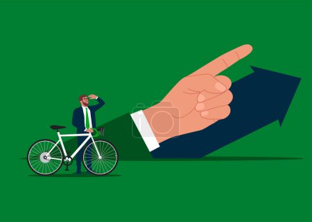Ilustración de Empresario con bicicleta y mano grande con la dirección del dedo que apunta para el éxito. Inversión en startup, target, management, invertir en nueva idea. - Imagen libre de derechos