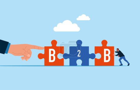 Illustration for Big hand and tiny businessman connect two pieces of the puzzle. Ambition, motivation and inspiration. Flat vector illustration - Royalty Free Image