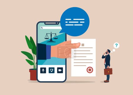 Consulting with attorney. Online legal advice. Flat vector illustration