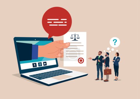 Online legal advice. Big laptop, justice and law application. Flat vector illustration