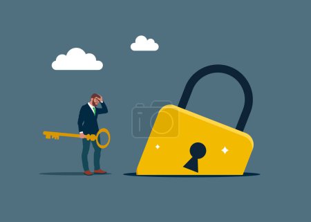Illustration for Lock fell into a pit. Unsuccessful Unlock business accessibility. Solve business problem. Upset businessman holding golden key. Modern vector illustration in flat style - Royalty Free Image