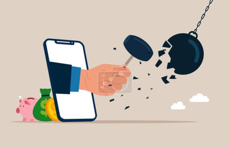 Illustration for Hand with sledgehammer stepping out of the mobile phone screen holding and breaks a cast iron ball. Crisis management - Royalty Free Image
