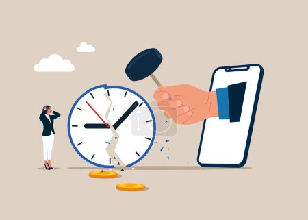 Illustration for Hand with sledgehammer stepping out of the mobile phone screen holding and break alarm clock. Crisis management. Vector illustration. - Royalty Free Image