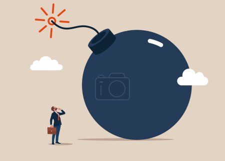 Illustration for Tiny entrepreneur thinking with big incident with bomb. Solving problem, financial crisis forecast, difficult decision making. Flat vector illustration - Royalty Free Image