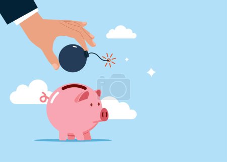 Illustration for Hand putting bomb a piggy bank. Modern vector illustration in flat style - Royalty Free Image