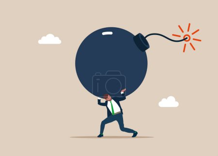 Illustration for Businessman carrying huge bomb. Modern vector illustration in flat style - Royalty Free Image