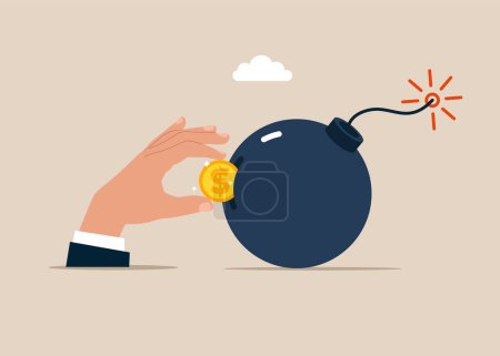 Illustration for Customer hand put coin on bomb. Stock market panic, financial crisis forecast. Flat vector illustration - Royalty Free Image