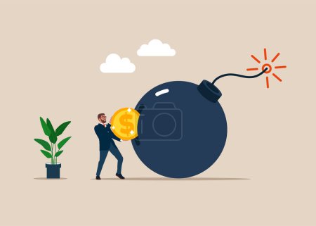 Illustration for Businessman put coin on bomb. Unexpected problem, difficult decision making, dangerous situation. Flat vector illustration - Royalty Free Image