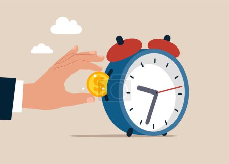 Businessman hand put coin on clock. Value of money increases over time. Self discipline or self control to complete work. Flat vector illustration
