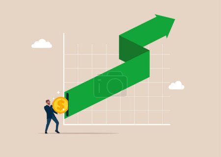 Businessman put coin on green arrow up value. Raising high standards of living and prices. Flat vector illustration.