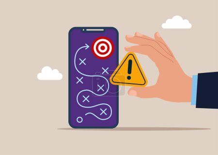 Worst interface application working with digital online plan on smartphone with errors. Giving incident with exclamation attention sign. Vector illustration in flat style