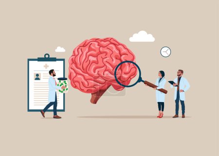 Photo for Studying big cerebrum model among drugs and diagram. Cerebrum disease research. Flat vector illustration - Royalty Free Image