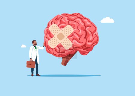 Illustration for The physician, specialist holds a big sign - human brain and placing bandage on injury. Flat vector illustration. - Royalty Free Image