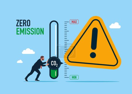 Illustration for Man wrong turning gauge arrow pointer to lowest level of CO2. Flat vector illustration - Royalty Free Image