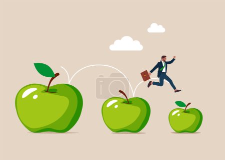 Illustration for Businessman jumping from big to the small apple.  No Idea, Unsuccessful Financial and investment growth. Flat vector illustration. - Royalty Free Image