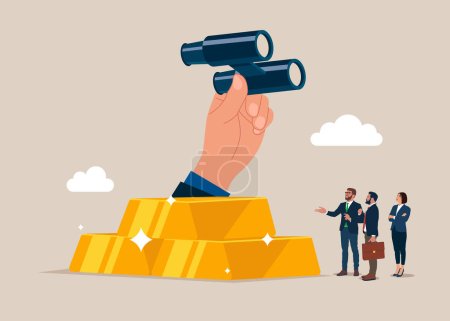 Illustration for Big hand with binoculars looking for outlook. Achieve financial goal. Flat vector illustration - Royalty Free Image