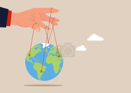 Illustration for Domination and control. Hand manipulates and control economy and political. Puppet string to control the world. Flat vector illustration - Royalty Free Image