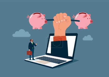 Illustration for Hand  lifting carrying piggy bank.  Online finance and internet industry. Flat vector illustration - Royalty Free Image