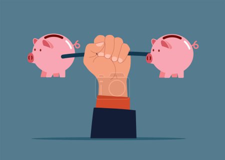 Illustration for Hand  lifting carrying piggy bank. Finance and industry. Flat vector illustration - Royalty Free Image