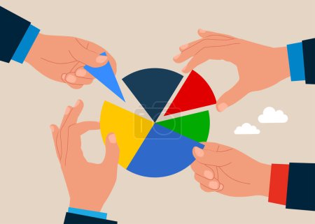 Illustration for Hands arrange pie chart as rebalancing investment portfolio to suitable for risk and return. Investment asset allocation and rebalance. Flat vector illustration - Royalty Free Image