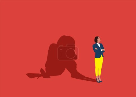 Illustration for Unhappy female standing with shadow sitting on floor and hugging knees. Female empowerment movement. Flat vector illustration. - Royalty Free Image