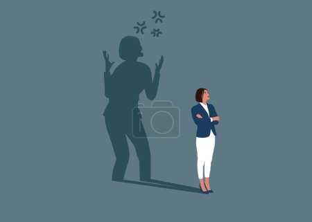 Illustration for Dissatisfied female standing with shadow shouting mad with aggressive expression and arms raised.  Frustration concept. Flat vector illustration. - Royalty Free Image