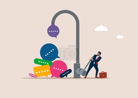 Illustration for Businessman opening water tap and messages and spams fall from faucet. Vector illustration - Royalty Free Image