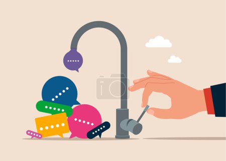 Illustration for Hand opening water tap and messages and spams fall from faucet. Flat vector illustration - Royalty Free Image