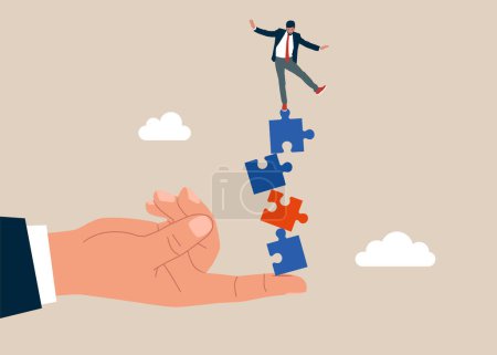 Illustration for Hand reach to help businessman no falling from stack of unstable puzzle. Balance cooperation and investment. Flat vector illustration - Royalty Free Image