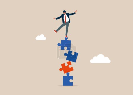 Illustration for Businessman falling from stack of unstable puzzle. Modern vector illustration in flat style - Royalty Free Image