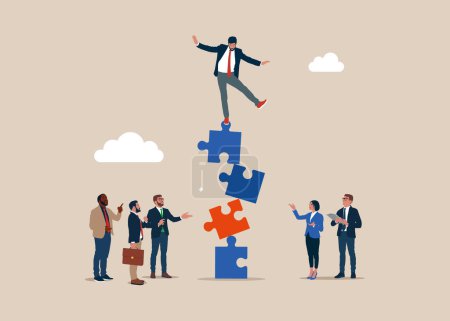 Illustration for Investor falling from stack of unstable puzzle. Unstable cooperation, risky situation. Flat vector illustration - Royalty Free Image