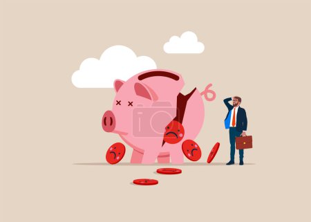 Businessman look at collapsing piggy bank with negatively face emoji case. After business failure, burnout or exhausted from crisis. Flat vector illustration