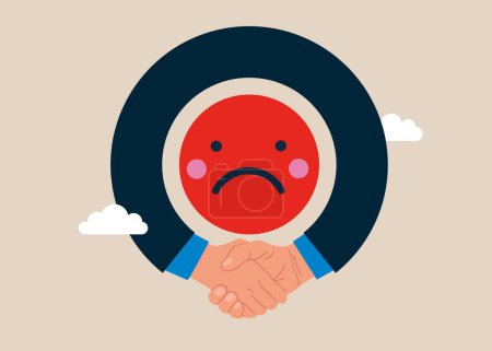 Los hombres de negocios terminan el trato y el apretón de manos. Rodeando la cara negativa emoji. Ilustración vectorial plana.
