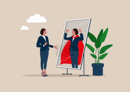 Illustration for Self confidence. Woman looking at his strong ideal self superhero reflection mirror. Flat vector illustration - Royalty Free Image