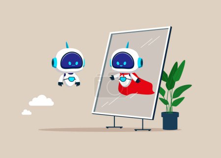 Illustration for Determination to achieve goals. Robot looking at his strong ideal self superhero reflection mirror. Flat vector illustration - Royalty Free Image
