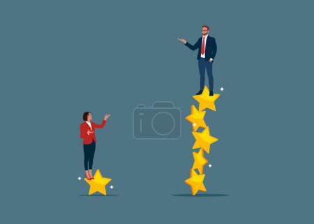 Rivalry fighting. Businessman standing on much more stars, woman on one star. Effort to earn more investment profit, tax burden or financial problem. Flat vector illustration