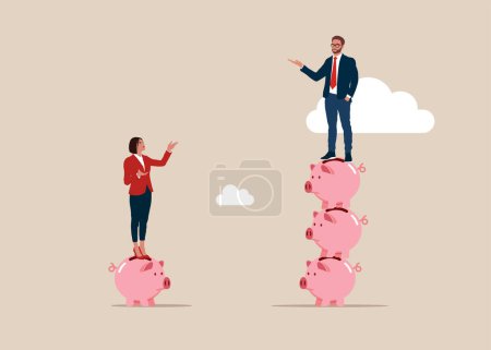 Businessman standing on much more piggy bank pink pig, woman on one piggy bank pig. Gender gap. Flat vector illustration