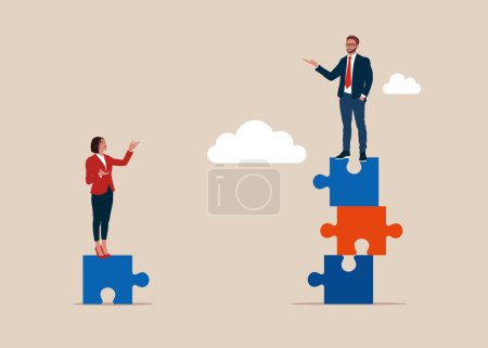 Argument between colleagues or rivalry fighting. Businessman standing on much more puzzle elements, woman on one puzzle elements. Gender gap. Flat vector illustration