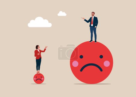 Businessman standing on big angry smiley, woman on small angry smiley. Argument between colleagues or rivalry fighting. Flat vector illustration