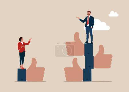Argument between colleagues or rivalry fighting. Businessman standing on much more difference thumbs up, woman on one difference thumb up. Gender gap. Flat vector illustration