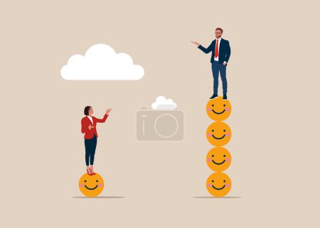 Rivalry fighting. Businessman standing on much more smiling face symbol, woman on one smiling face symbol. Employee happiness, job satisfaction, company benefit, positive attitude. Flat vector illustr