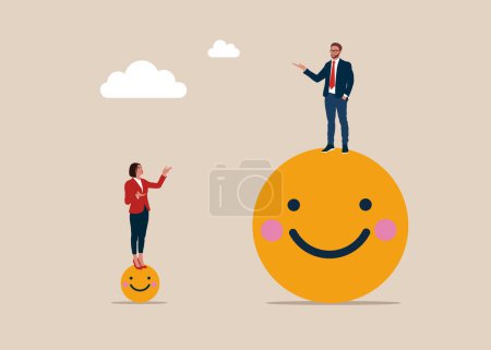 Businessman standing on big smiling face symbol, woman on small smiling face symbol. Flat vector illustration