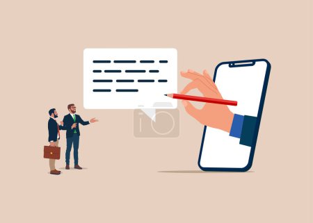 Business team and hand human holding pencil and writing message or email on speech bubble. Written communication. Flat vector illustration