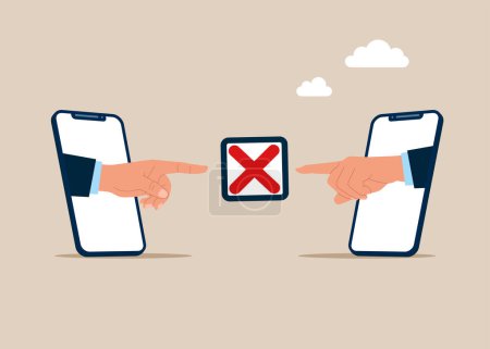 Illustration for Two human hands and cross checkbox. Rejection business investment.  Flat vector illustration - Royalty Free Image