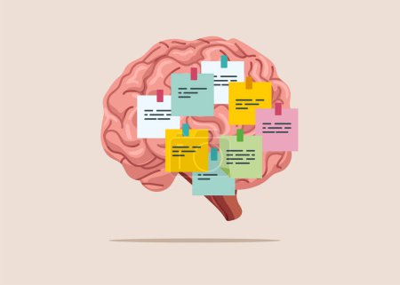 Illustration for Goal on note. Brainstorming to gather new idea. Sticky notes on human brain. Flat vector illustration - Royalty Free Image