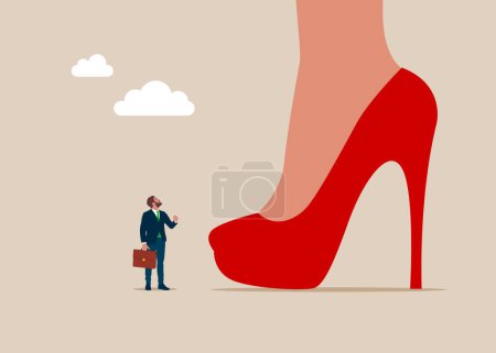 El hombre de negocios mirando a las piernas enormes de la mujer. Feminismo, desigualdad. Brecha de género. Crecimiento de carrera y oportunidades. Ilustración vectorial plana