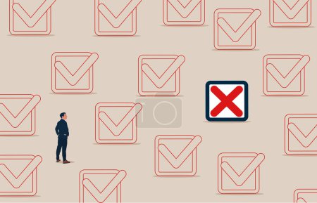 Smart businessman finding new cross checkbox. Rejection business investment. Modern vector illustration in flat style. 
