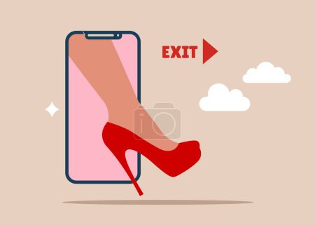 Leg female stepping out of the mobile phone screen. Modern lifestyle. Digital detox. Millennial user. Flat vector illustration.