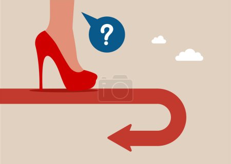 Reverse back. Frustrated business woman looking at his reverse direction pathway. Flat vector illustration