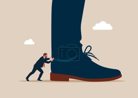 Confrontación y desobediencia. Un hombre de negocios en miniatura está empujando los pies enormes de un gran jefe. Concepto de ilustración vectorial.